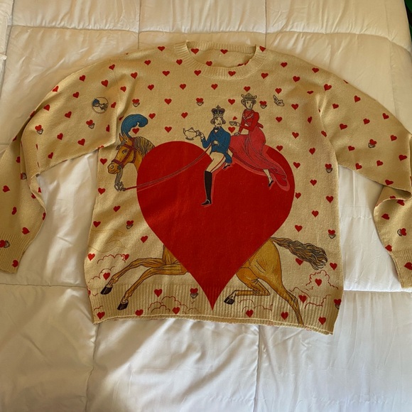 Sweaters - Heart Print Sweater with Equestrian Design
